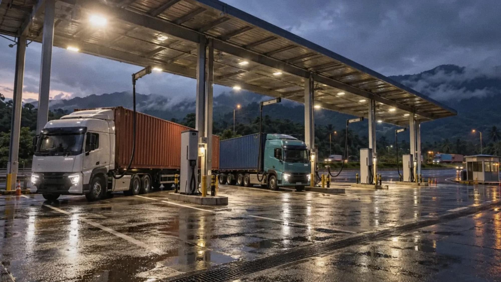 Ilustración: estación de recarga para camiones con carriles de paso bajo un techo alto y dos cabezales eléctricos con contenedores conectados, al anochecer, entre montañas.