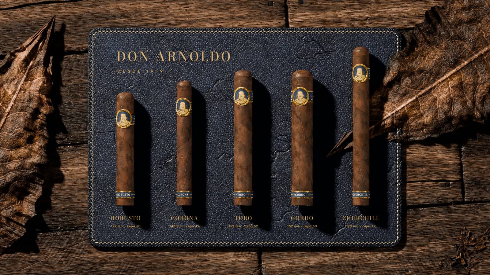 Las cinco vitolas alineadas sobre cuero azul, de izquierda a derecha: Robusto, Corona, Toro, Gordo y Churchill, cada una con su nombre y sus medidas grabados en oro.