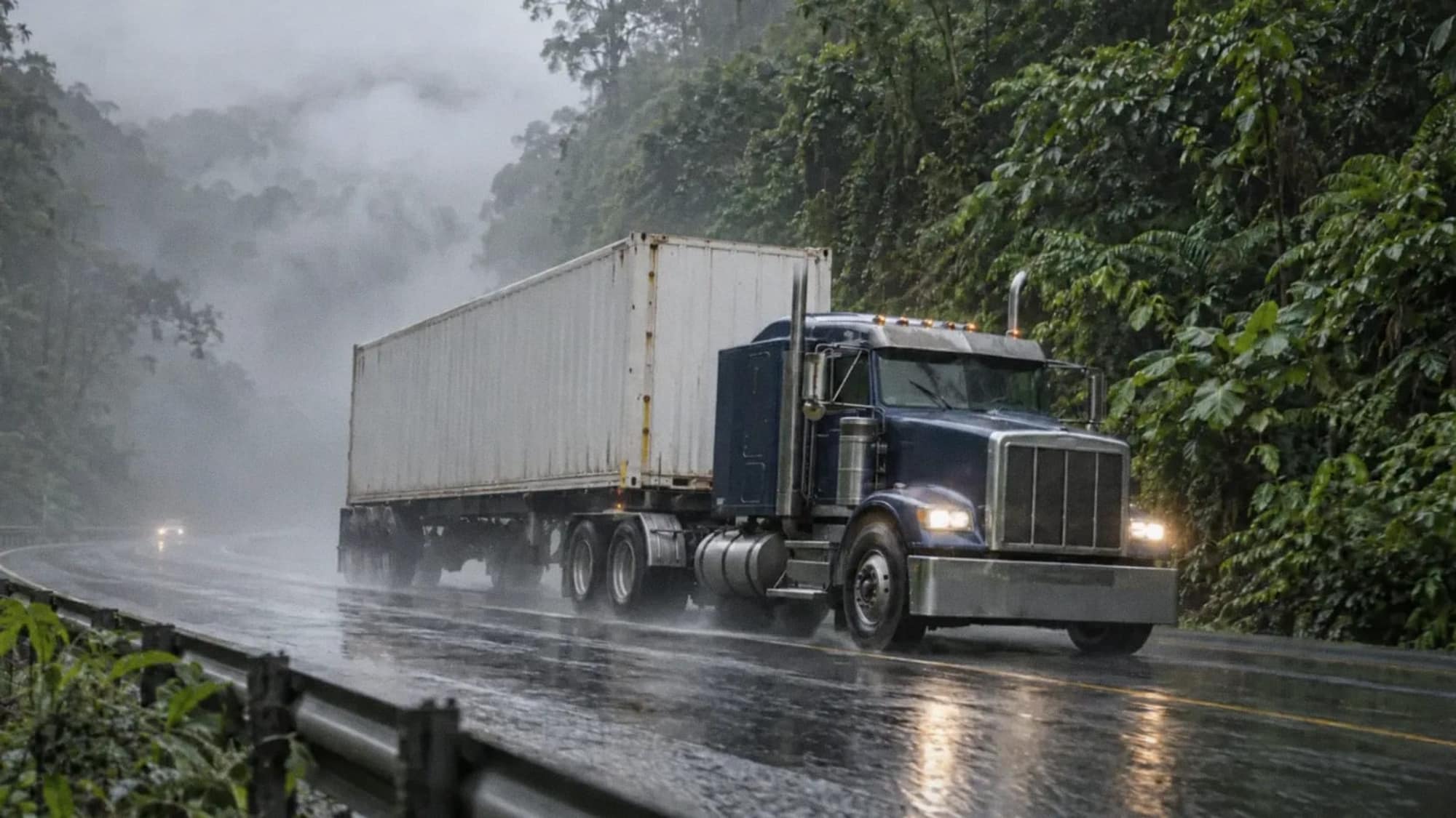 Ilustración: un cabezal azul tira un contenedor blanco sobre su chasis por una carretera de montaña mojada, entre bosque nuboso, con lluvia y neblina.