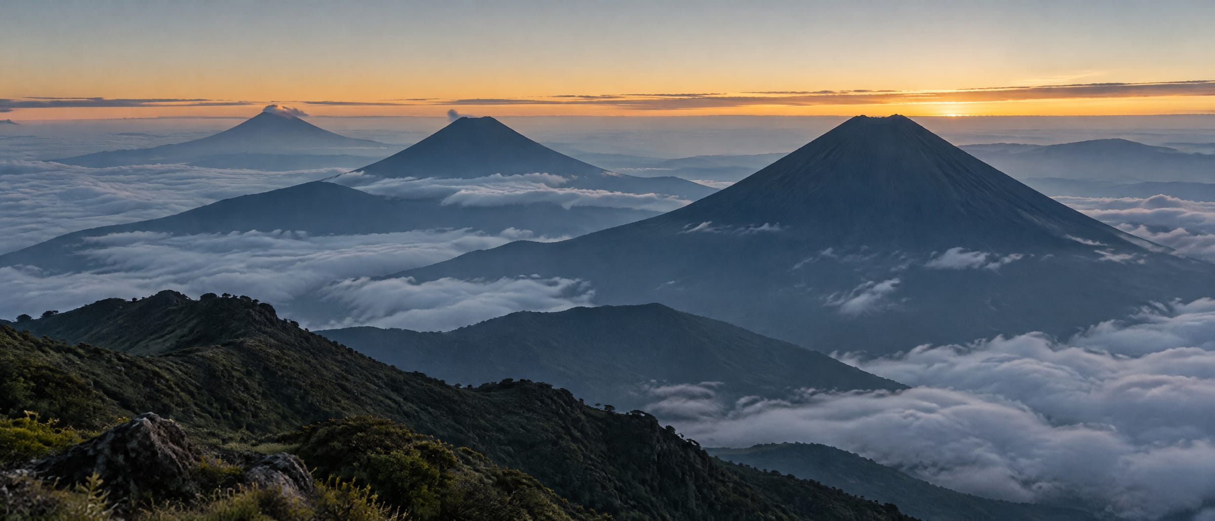 Volcanes que sobresalen de un mar de nubes al amanecer, con una franja dorada en el horizonte.