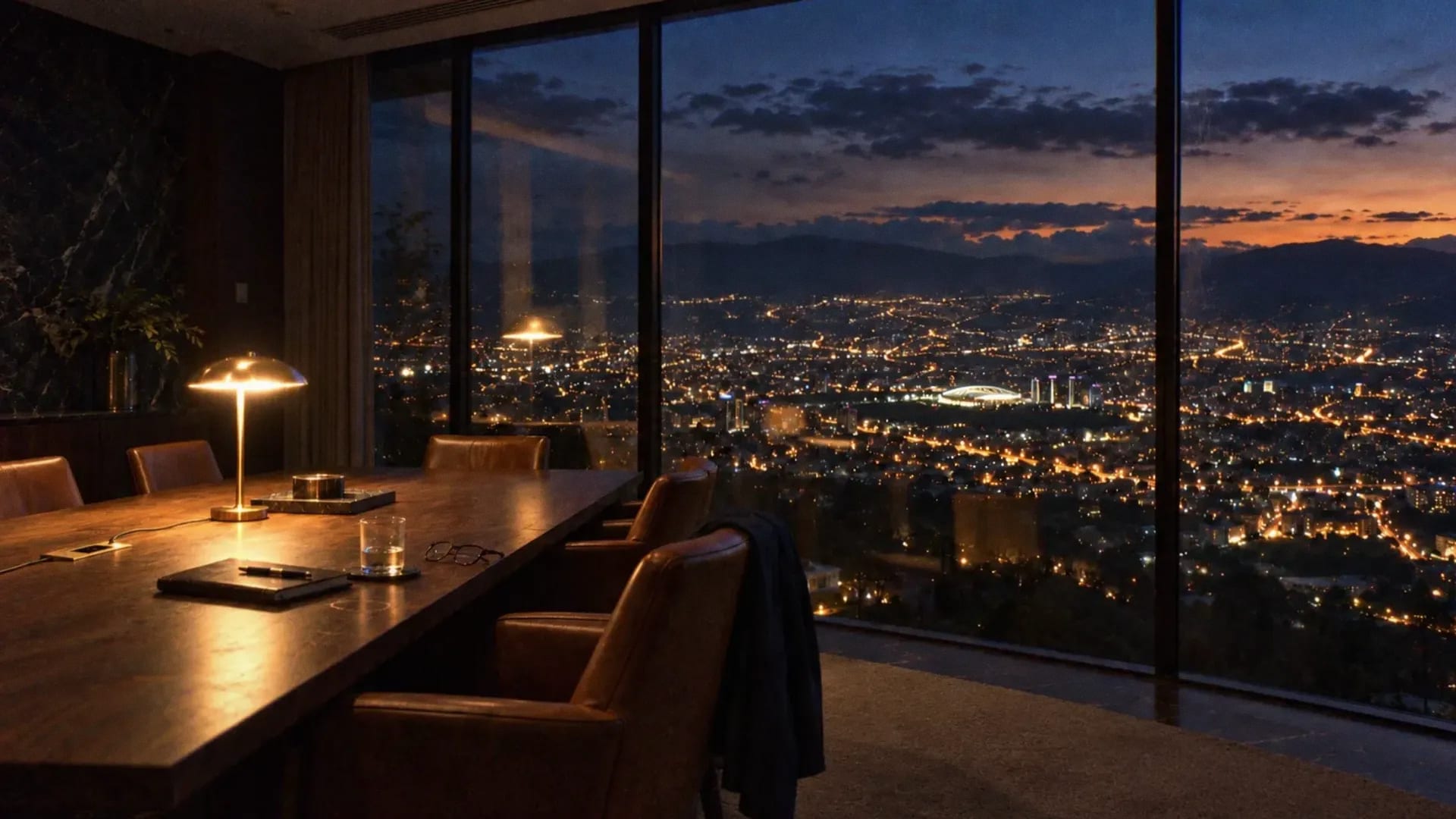 Sala de juntas al anochecer: mesa larga de madera, sillas de cuero, una lámpara de latón encendida y un ventanal sobre un valle lleno de luces de ciudad, con montañas al fondo.