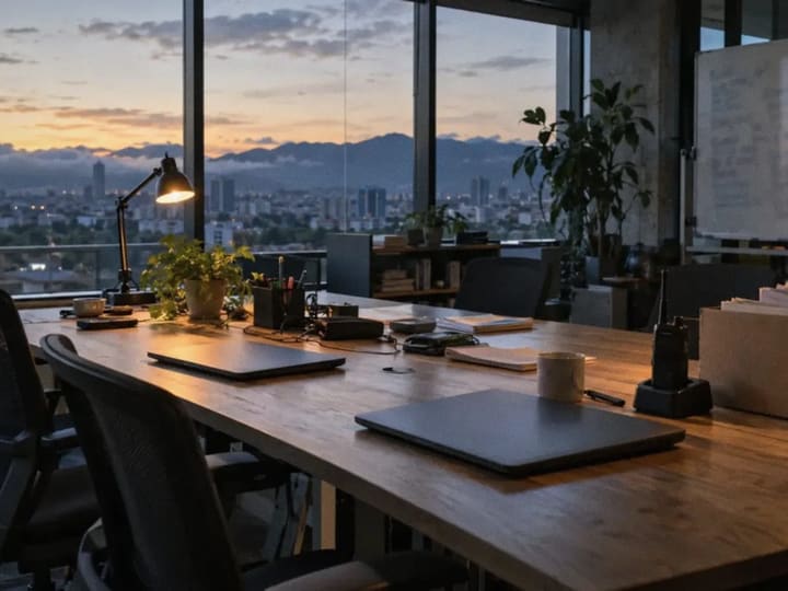 Mesa de trabajo de una oficina en San José al amanecer, con computadoras cerradas, una radio y una pizarra, y la ciudad y las montañas por la ventana.