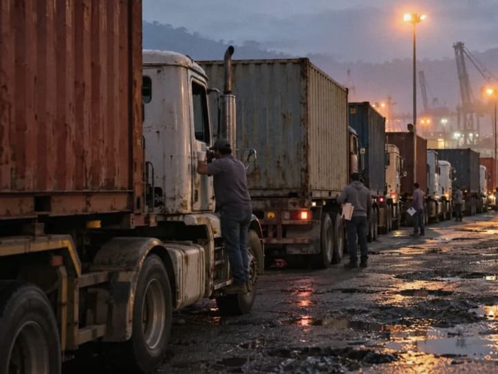 Fila de camiones de carga esperando al amanecer a la entrada de un puerto, con choferes de pie junto a sus cabinas.
